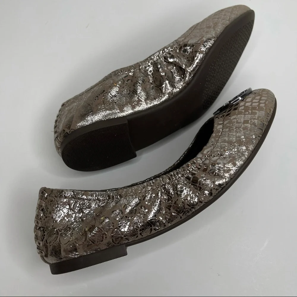 TORY BURCH Heidi Pewter Snake Print Metallic Leather Medallion Ballet Flat Sz 5